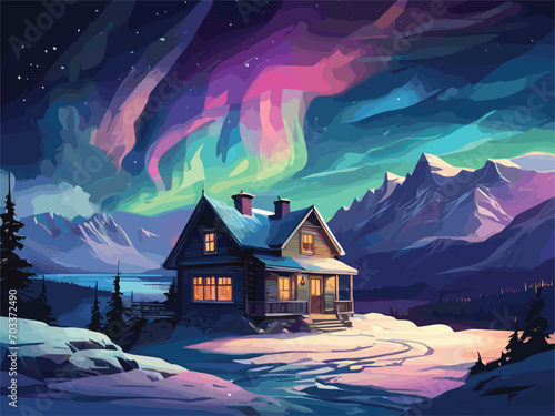 "Generate a visually captivating vector artwork portraying a magical winter night landscape. Highlight the vibrant hues of the Northern Lights against a starry sky, with a lonely house perched in the 