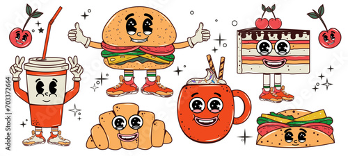 Set of street food. Characters with faces and expressions. Set of food in groovy style. Burgers, coffee, croissant, cake, tacos, milkshake. Y2k. Vector  illustration. Isolated. Trendy psychedelic 