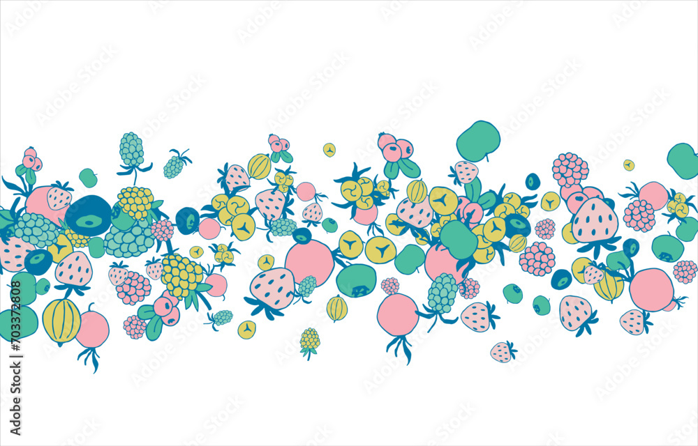 Frame of bright juicy berries. Frame with natural products. Empty space for text. Also can be used as banner, flyer, texture, poster. Hand drawing. Vector background. Illustration Frame of bright juicy berries. Frame with natural products. Empty space for text. Also can be used as banner, flyer, texture, poster. Hand drawing. Vector background. Illustration