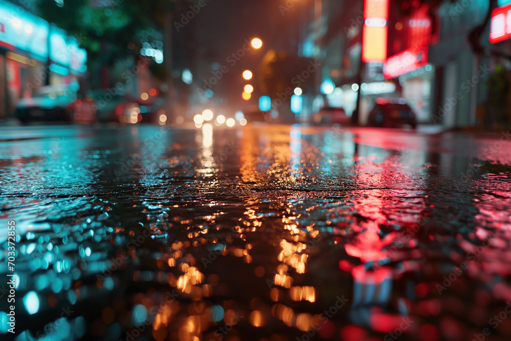 Abstract background of neon city lights reflecting on rainy urban streets at night. Ai generated