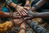 A close up of a diverse group of hands forming a circle symbolizing unity and collaboration. Ai generated. Ai generated