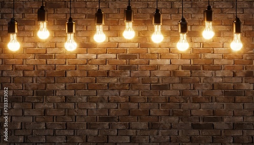 shining light bulbs on dark brick wall 3d rendering