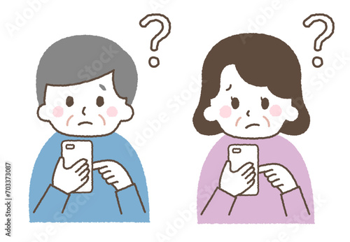 スマホを操作する老人。操作に困っている表情。