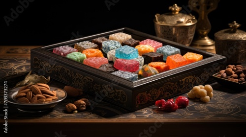  a box of assorted candy sitting on a table next to a bowl of nuts and a cup of tea. © Anna