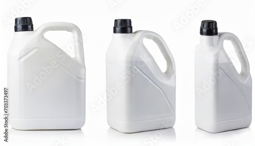 white canister jerrycan for motor oil and other on white background photo