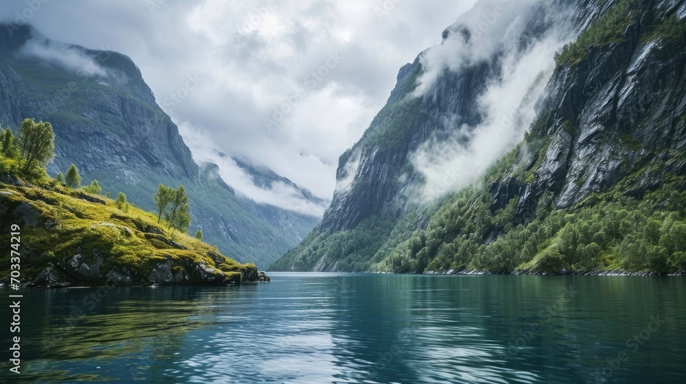 Majestic fjord with towering cliffs and mist, reflecting in calm waters