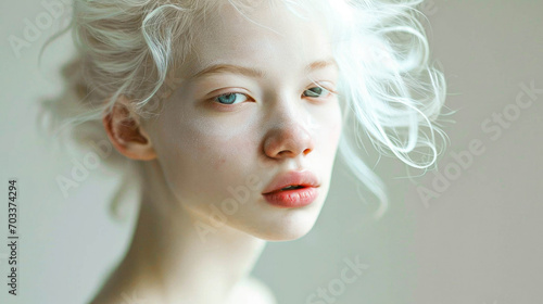 Young albino woman with pale skin and white, wavy hair, blue eyes, looking pensive photo