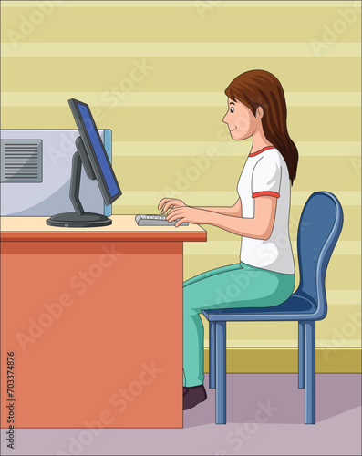 Girl working on computer illustration