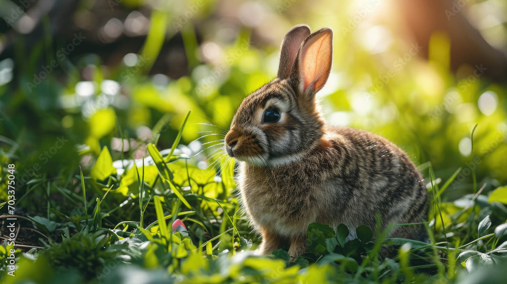 Fototapeta premium A young rabbit sits in a sunlit patch among vibrant green foliage, its fur soft and detailed