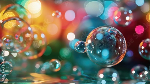 Soap bubbles floating in the air with a sunlit backdrop, reflecting vivid colors © mashimara