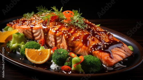  a plate of salmon, broccoli, and oranges on a black plate with sesame seeds on top.