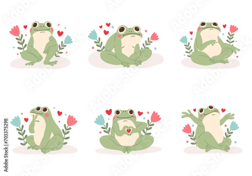 Collection of funny frog characters for Valentine's day. Funny thoughtful frog. Green toad in love. 