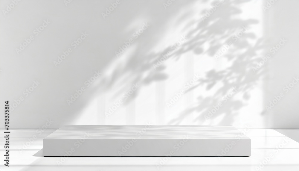 empty blank long box or rectangle shaped podium or dais in white room background with tree shadow on the back wall product or design placement template empty blank long box or rectangle shaped podium or dais in white room background with tree shadow on the back wall product or design placement template