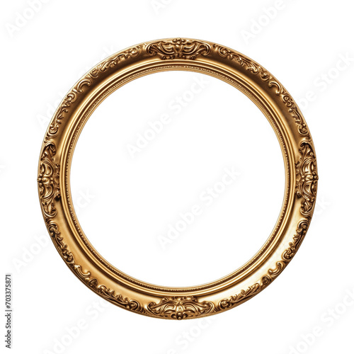 Gold round antique photo frame isolated on transparent background. PNG file, cut out