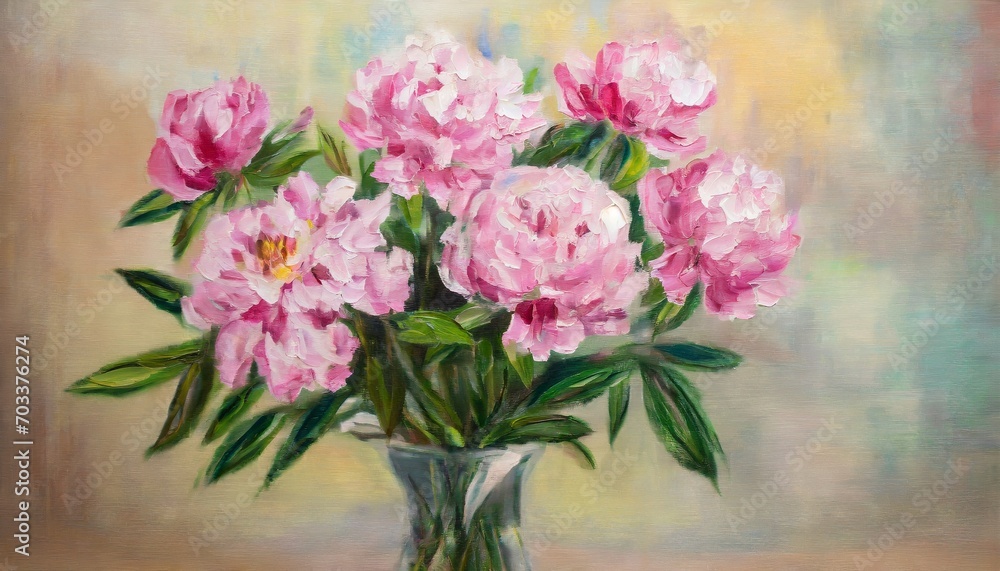 oil painting with bouquet of pink peonies ai
