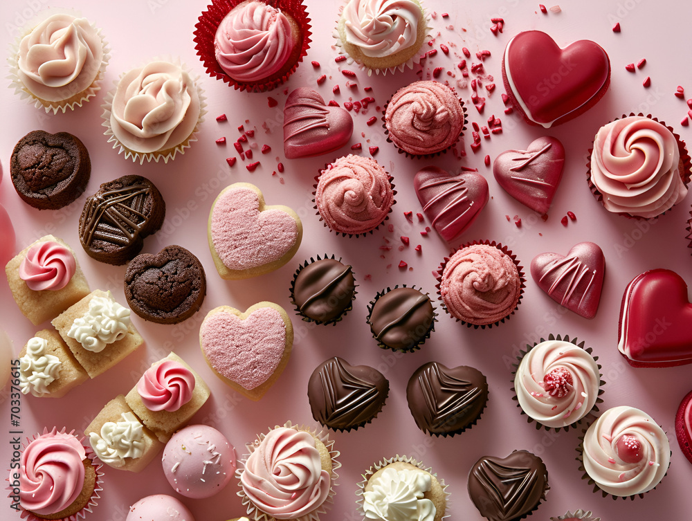 Valentine's Day treats and cupcakes, heart shaped sweets, heart shaped candies, image of heart-shaped desserts like cupcakes, chocolates, and cookies arranged in an enticing manner