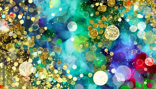 abstract scattered circles alcohol ink concept art design metal treasure and gold colorful jewels sparkle bokeh background