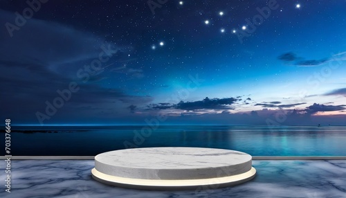 marble podium with ocean sky by night background created with technology