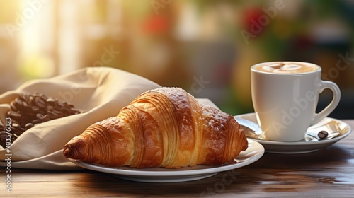  a croissant on a plate next to a cup of coffee and a bag of donuts on a table.