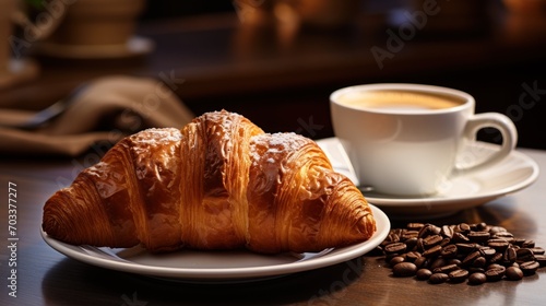  a couple of croissants sitting on a plate next to a cup of coffee and some coffee beans.