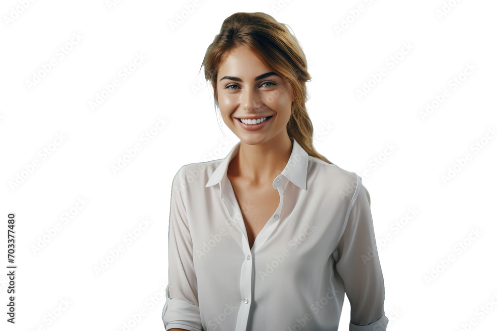 A beautiful freelance business woman is smiling in a business shirt at the office. Transparent background. A beautiful freelance business woman is smiling in a business shirt at the office. Transparent background.