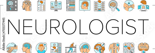 brain neurologist doctor icons set vector. health neurology, medical hospital, technology nerve, surgery patient, medicine brain neurologist doctor color line illustrations