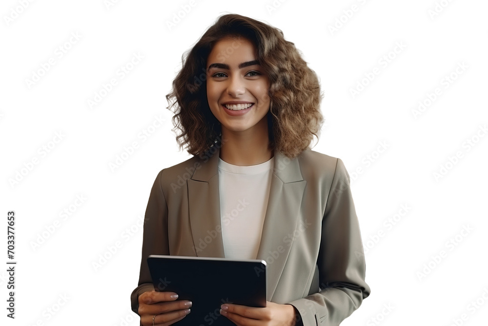 custom made wallpaper toronto digitalSmart uses a tablet freelancer business woman smiling in business clothes shirt in the office. Transparent background.