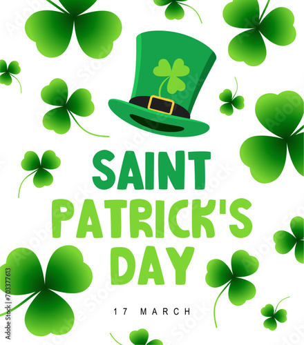 The green leprechaun hat. St. Patrick's Day, March 17th. Vector illustration with green shamrocks