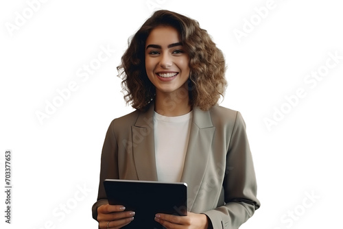 Wallpaper Mural Smart uses a tablet freelancer business woman smiling in business clothes shirt in the office. Transparent background. Torontodigital.ca