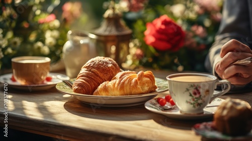  a person sitting at a table with a plate of croissants  a cup of coffee and a croissant.
