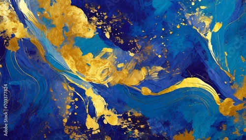 abstract art background dominated by deep blue and gold paint tones