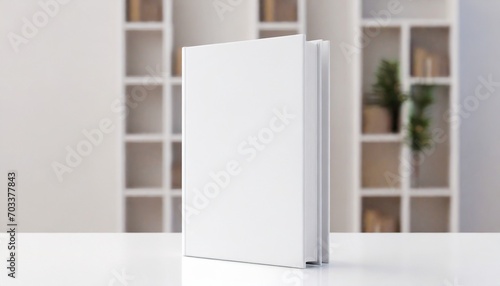 white book mockup with blank hard cover standing on white table 3d rendering photo