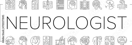 brain neurologist doctor icons set vector. health neurology, medical hospital, technology nerve, surgery patient, medicine brain neurologist doctor black line illustrations