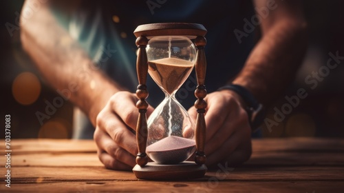  a man sitting at a table with an hourglass in front of him on top of a wooden table with a blurry background.