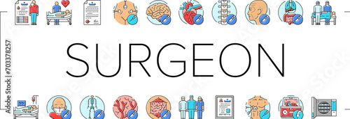surgeon doctor hospital icons set vector. surgical room, surgery, medical patient, equipment operating, mask, group team nurse surgeon doctor hospital color line illustrations