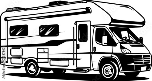 RV recreational vehicle silhouette. Camper van motorhome vector illustration. AI generated illustration.