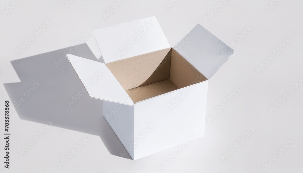 cardboard box mockup with white wrapping paper opened light background - obrazy, fototapety, plakaty 