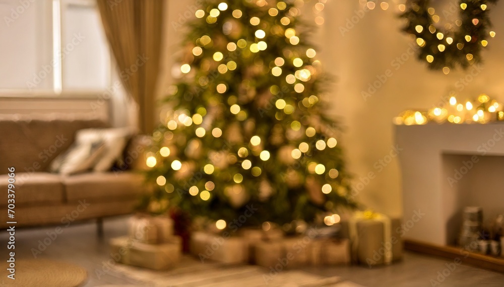 beautiful blurred interior of a living room decorated for christmas in warm cozy brown tones christmas tree lights and gifts out of focus