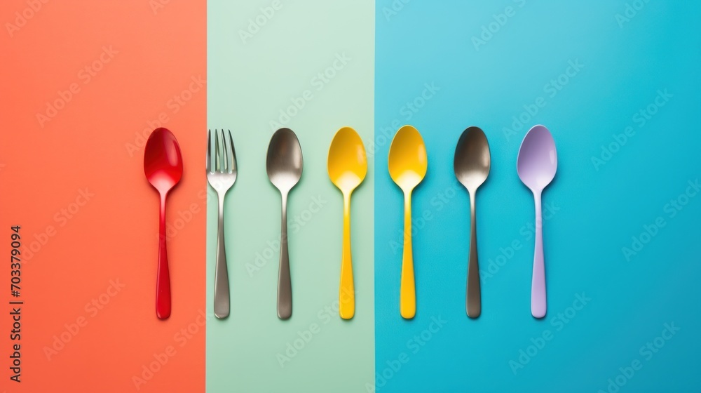 a group of spoons and forks sitting next to each other on a blue, pink, and green background. a group of spoons and forks sitting next to each other on a blue, pink, and green background.