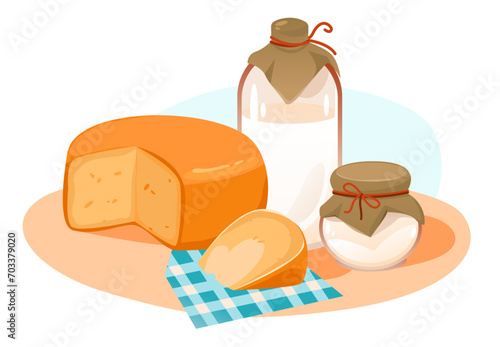 Dairy products set. Milk and and cheese on the kitchen table. Organic homemade food. Cartoon vector illustration
