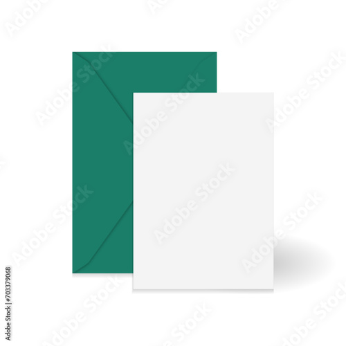 White vertical greeting card and green paper envelope mockup template. Isolated on white background. Ready to use for your design or business. Realistic vector illustration.