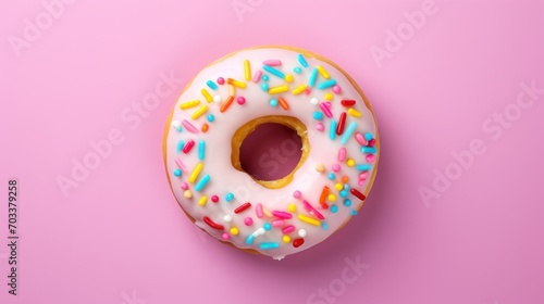  a donut with white frosting and sprinkles on a pink background with a bite taken out of it.