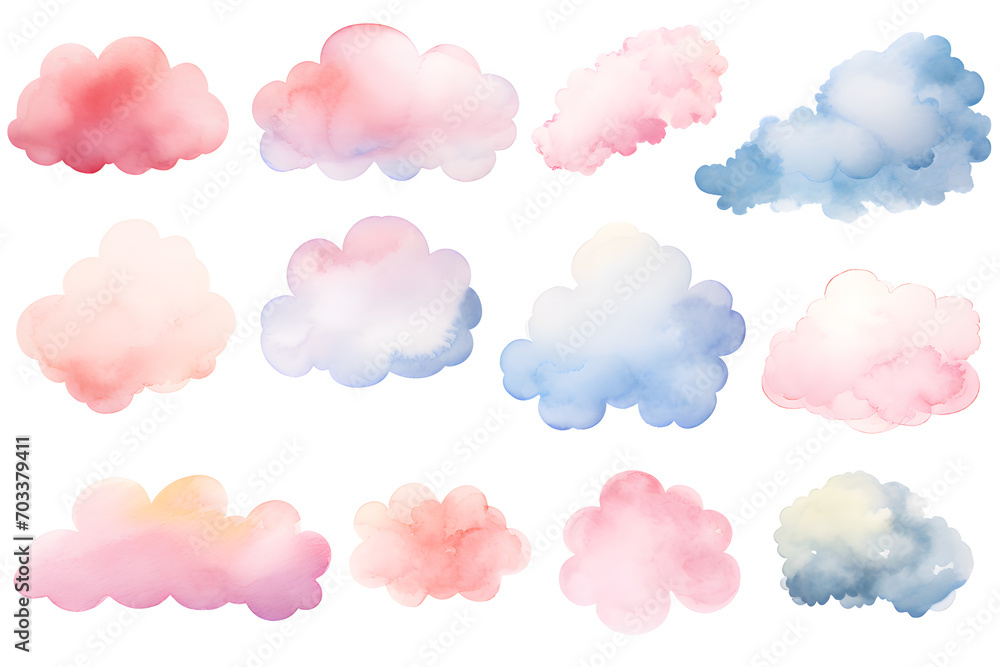 Colorful clouds isolated on white background watercolor  collection