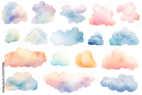 Colorful clouds isolated on white background watercolor  collection