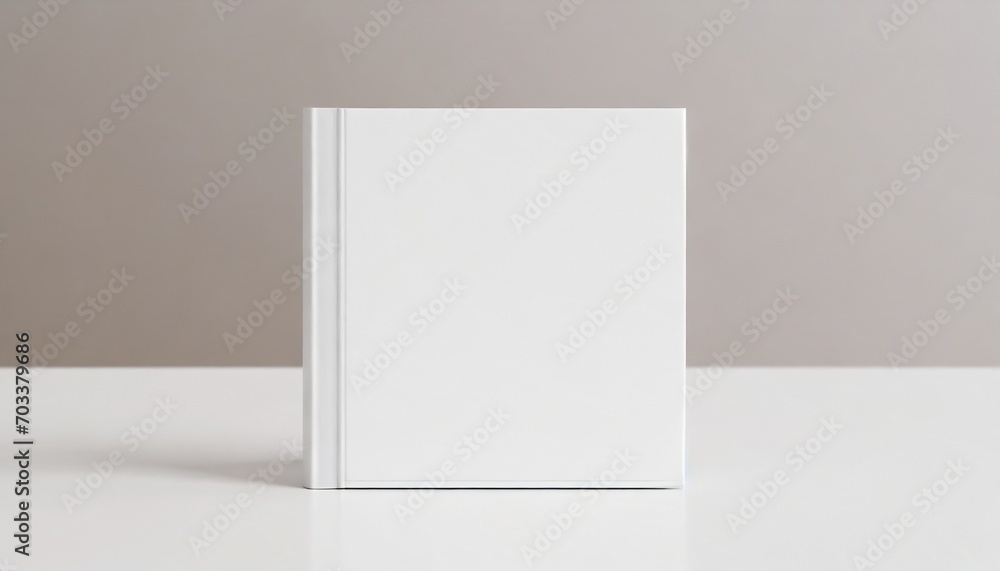 white square book mockup front view with blank hard cover standing on white table 3d rendering white square book mockup front view with blank hard cover standing on white table 3d rendering