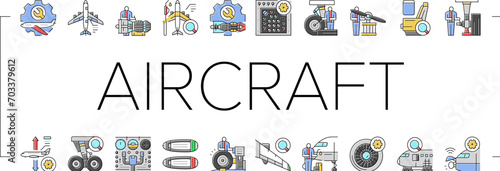 aircraft mechanic icons set vector. aviation maintenance, airplane plane, jet engine, industry airport, repair, hangar aircraft mechanic color line illustrations