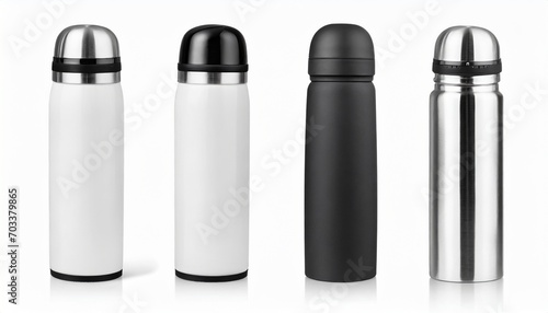 blank white and black travel thermos mockup isolated on white