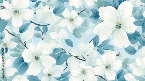  a blue and white flowered background with leaves and flowers on a light blue background with white flowers and leaves on a light blue background.