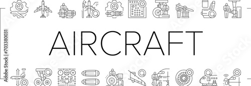 aircraft mechanic icons set vector. aviation maintenance, airplane plane, jet engine, industry airport, repair, hangar aircraft mechanic black line illustrations