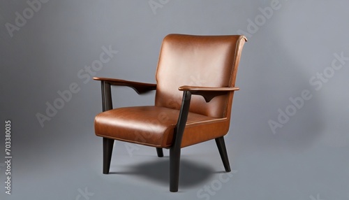 one brown leather chair on solid gray background studio light minimalism